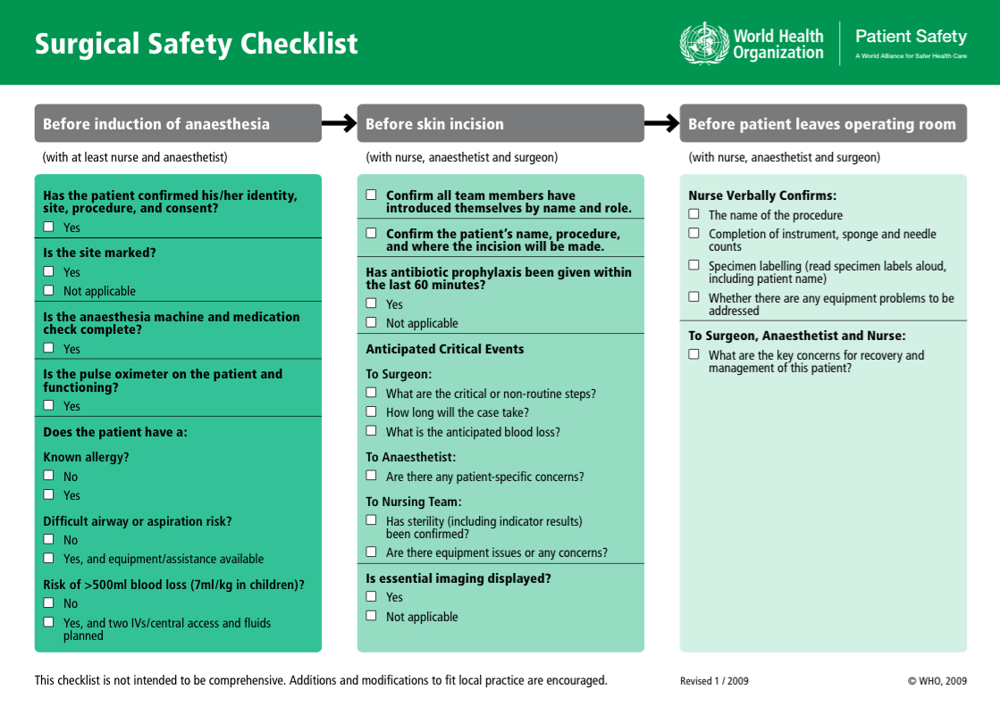 checklist para seguridad en las operaciones de la OMS